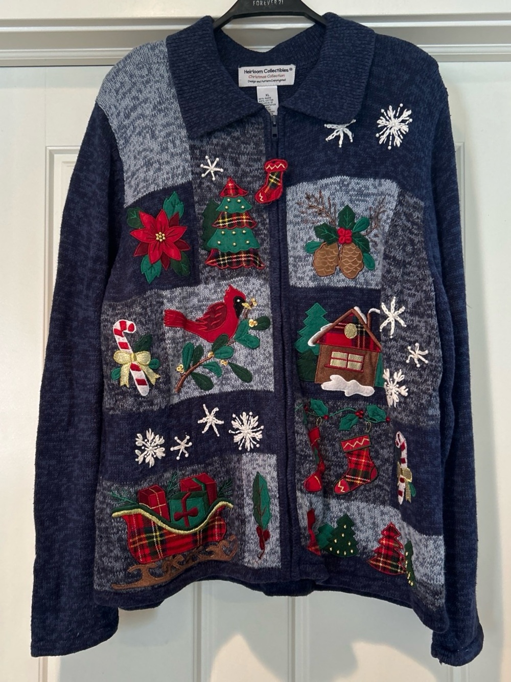 Holiday Patchwork Zip-Front Cardigan Sweater - Navy
